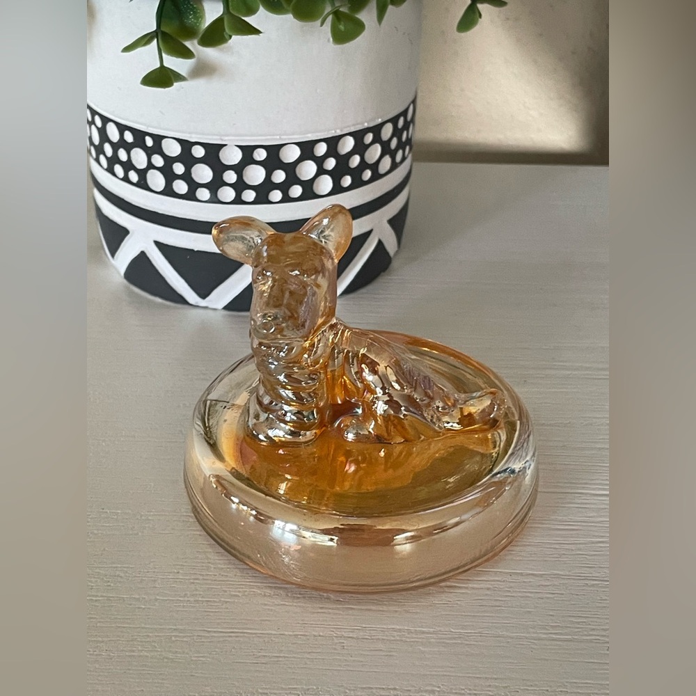 1940's Jeanette Iridescent Carnival Glass DOG POWDER BOX/Trinket/ Lid Only